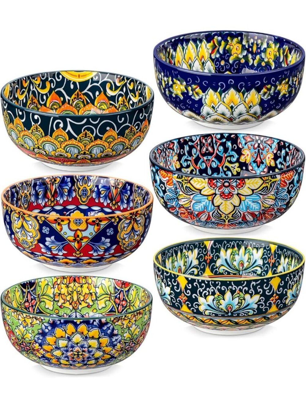 Set of 6 Bohemian Ceramic Cereal & Soup Bowls - 28 oz Stylish Tableware